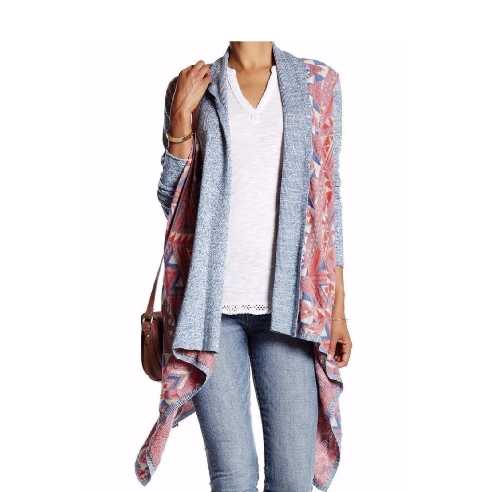 119 Lucky Brand Sz Small Multcolor 3rd Piece Sharkbite Cardigan Sweater Blue